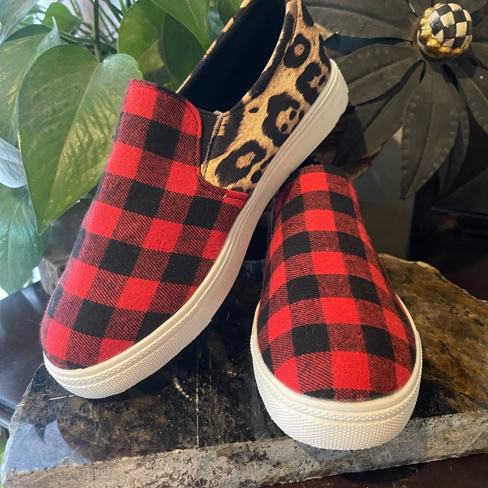 Red & Black Buffalo Plaid Leopard Slip-On